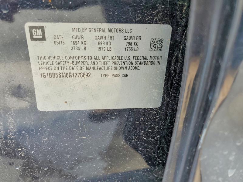 2016 Chevrolet Cruze მანქანა იყიდება აუქციონზე, vin: 1G1BB5SM0G7278892, აუქციონის ნომერი: 49420336