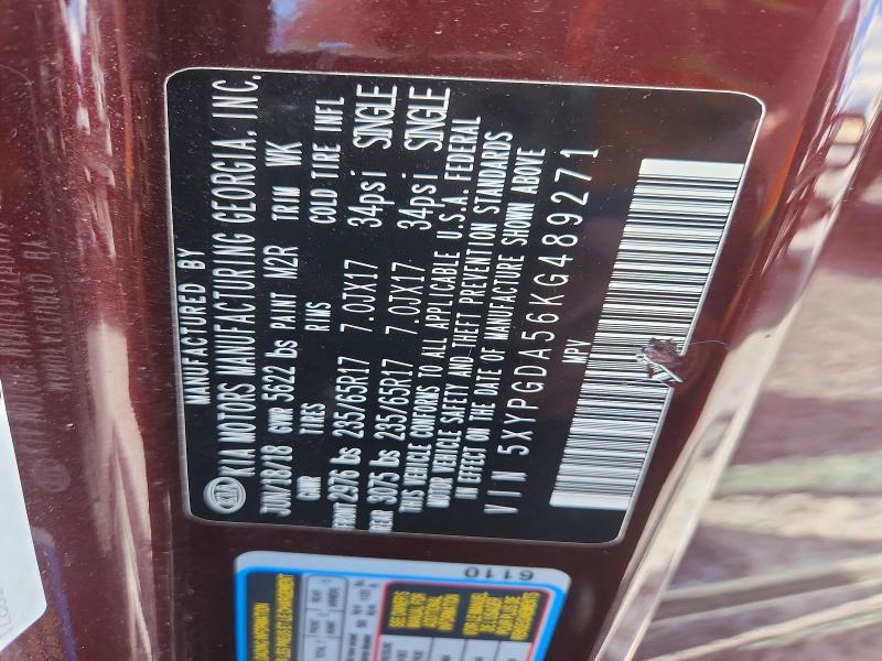 51454526 :رقم المزاد ، 5XYPGDA56KG489271 vin ، 2019 Kia Sorento مزاد بيع