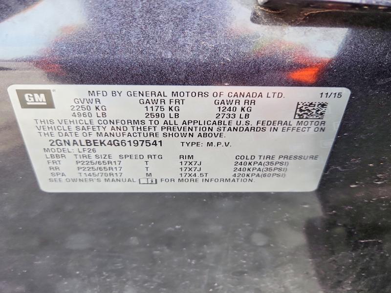 Продаж на аукціоні авто 2016 Chevrolet Equinox, vin: 2GNALBEK4G6197541, номер лоту: 49133026