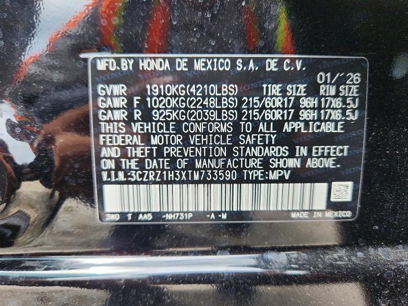 2026 Honda Hr-v მანქანა იყიდება აუქციონზე, vin: 3CZRZ1H3XTM733590, აუქციონის ნომერი: 49928086