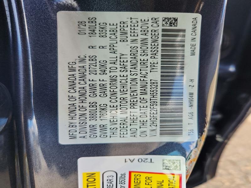 Продаж на аукціоні авто 2026 Honda Civic, vin: 2HGFE2F59TH553287, номер лоту: 49768086