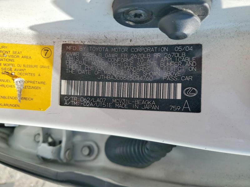 Aukcja sprzedaży 2004 Lexus Es, vin: JTHBA30G645044760, numer aukcji: 51874676