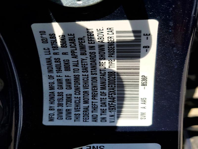 50860516 :رقم المزاد ، 19XFA4F5XAE000288 vin ، 2010 Honda Civic مزاد بيع