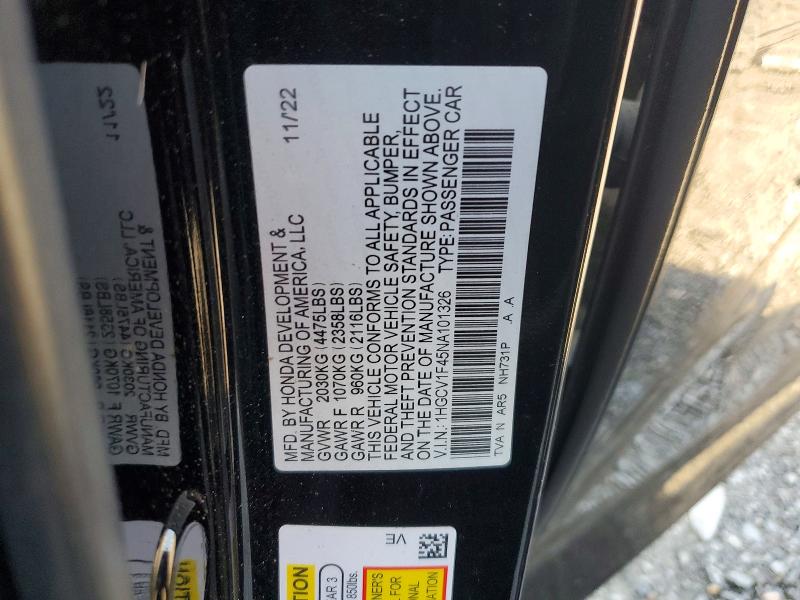 2022 Honda Accord მანქანა იყიდება აუქციონზე, vin: 1HGCV1F45NA101326, აუქციონის ნომერი: 48207906