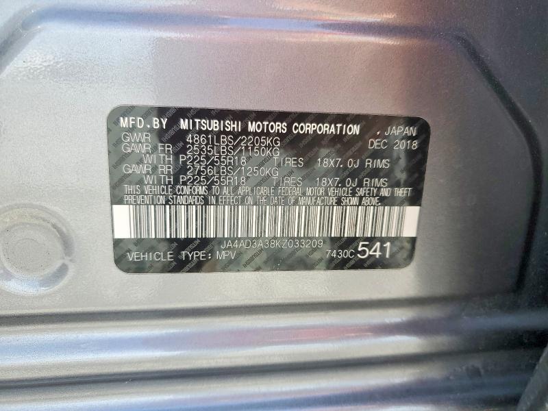 Продаж на аукціоні авто 2019 Mitsubishi Outlander, vin: JA4AD3A38KZ033209, номер лоту: 48956306