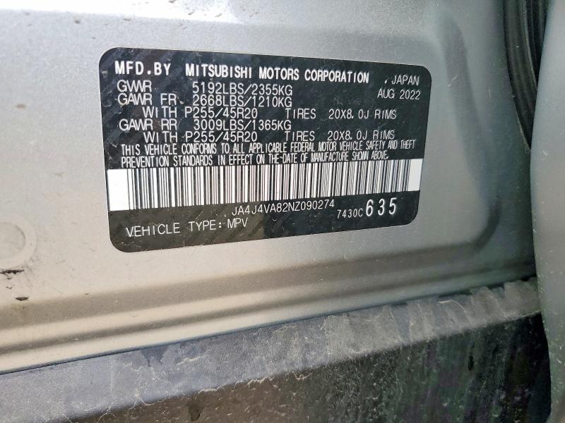 50640236 :رقم المزاد ، JA4J4VA82NZ090274 vin ، 2022 Mitsubishi Outlander مزاد بيع