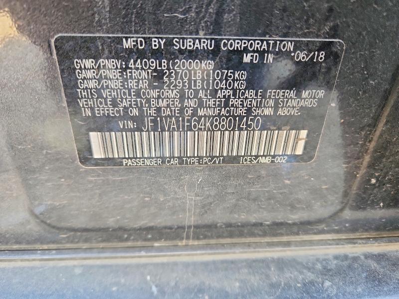 50595886 :رقم المزاد ، JF1VA1F64K8801450 vin ، 2019 Subaru Wrx مزاد بيع