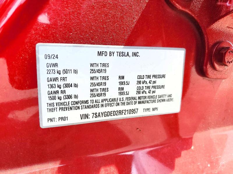 48900536 :رقم المزاد ، 7SAYGDED2RF210957 vin ، 2024 Tesla Model Y مزاد بيع