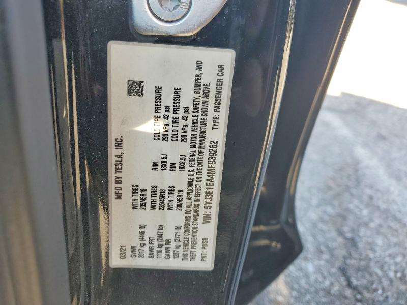 2021 Tesla Model 3 მანქანა იყიდება აუქციონზე, vin: 5YJ3E1EA4MF939262, აუქციონის ნომერი: 48462036