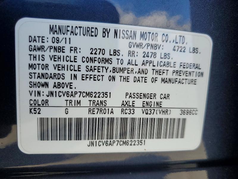 48532206 :رقم المزاد ، JN1CV6AP7CM622351 vin ، 2012 Infiniti G37 Sedan مزاد بيع
