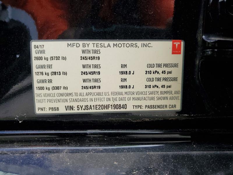 2017 Tesla Model S მანქანა იყიდება აუქციონზე, vin: 5YJSA1E20HF190840, აუქციონის ნომერი: 50447316