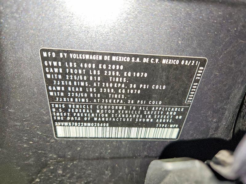 51019036 :رقم المزاد ، 3VVWX7B22NM025498 vin ، 2022 Volkswagen Taos مزاد بيع