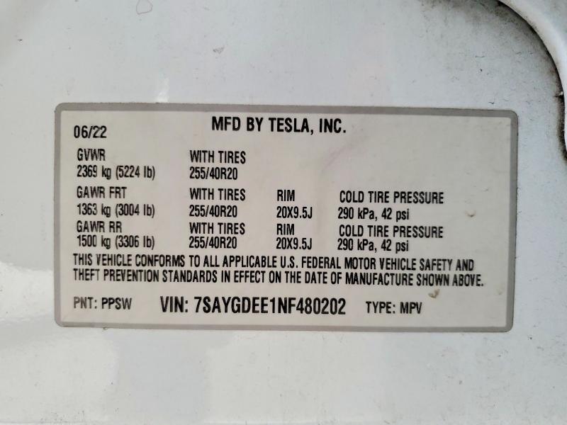 Продажа на аукционе авто 2022 Tesla Model Y, vin: 7SAYGDEE1NF480202, номер лота: 51600106