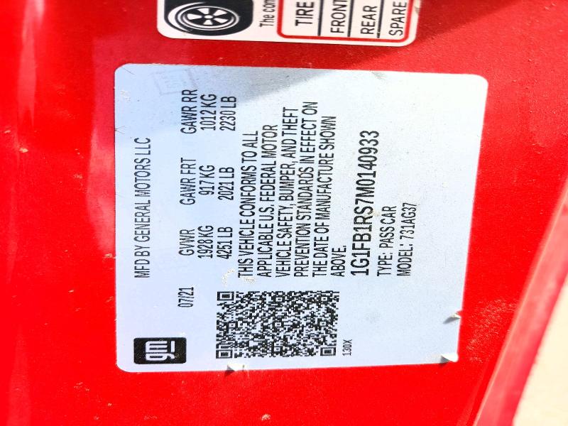 49262086 :رقم المزاد ، 1G1FB1RS7M0140933 vin ، 2021 Chevrolet Camaro مزاد بيع