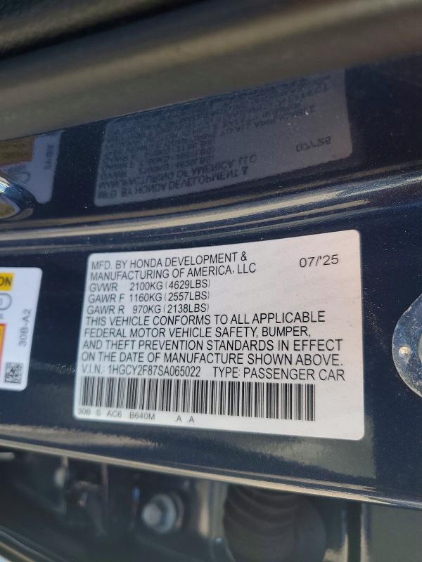 Aukcja sprzedaży 2025 Honda Accord, vin: 1HGCY2F87SA065022, numer aukcji: 49986416