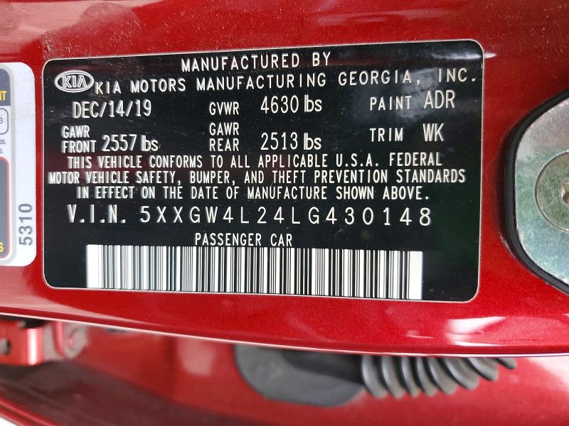 50824496 :رقم المزاد ، 5XXGW4L24LG430148 vin ، 2020 Kia Optima مزاد بيع