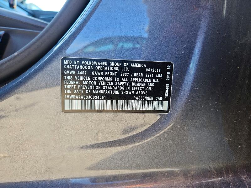 Продажа на аукционе авто 2018 Volkswagen Passat, vin: 1VWBA7A33JC034051, номер лота: 50755926