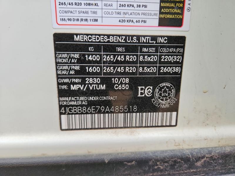 2009 Mercedes Benz Ml მანქანა იყიდება აუქციონზე, vin: 4JGBB86E79A485518, აუქციონის ნომერი: 50220706