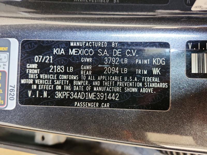 Aukcja sprzedaży 2021 Kia Forte, vin: 3KPF34AD1ME391442, numer aukcji: 49902376