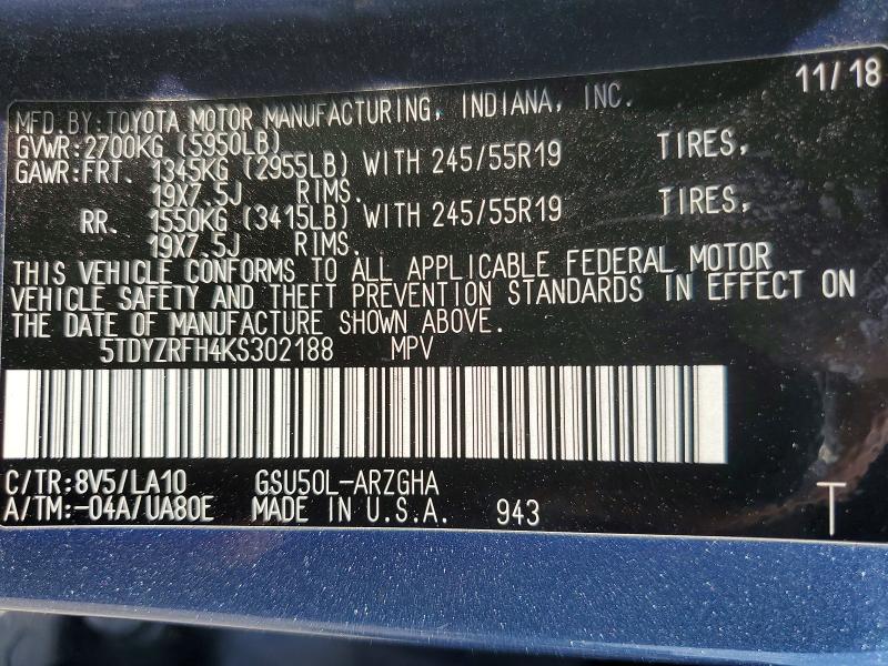 Aukcja sprzedaży 2019 Toyota Highlander, vin: 5TDYZRFH4KS302188, numer aukcji: 49381306