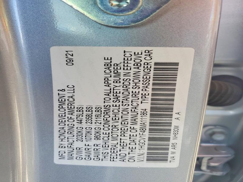 2021 Honda Accord მანქანა იყიდება აუქციონზე, vin: 1HGCV1F48MA111864, აუქციონის ნომერი: 51613676