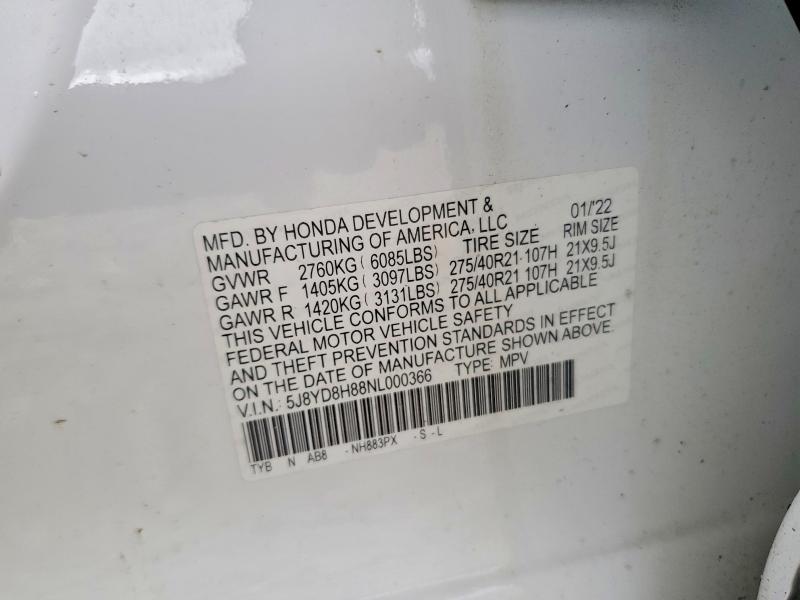 48769616 :رقم المزاد ، 5J8YD8H88NL000366 vin ، 2022 Acura Mdx مزاد بيع