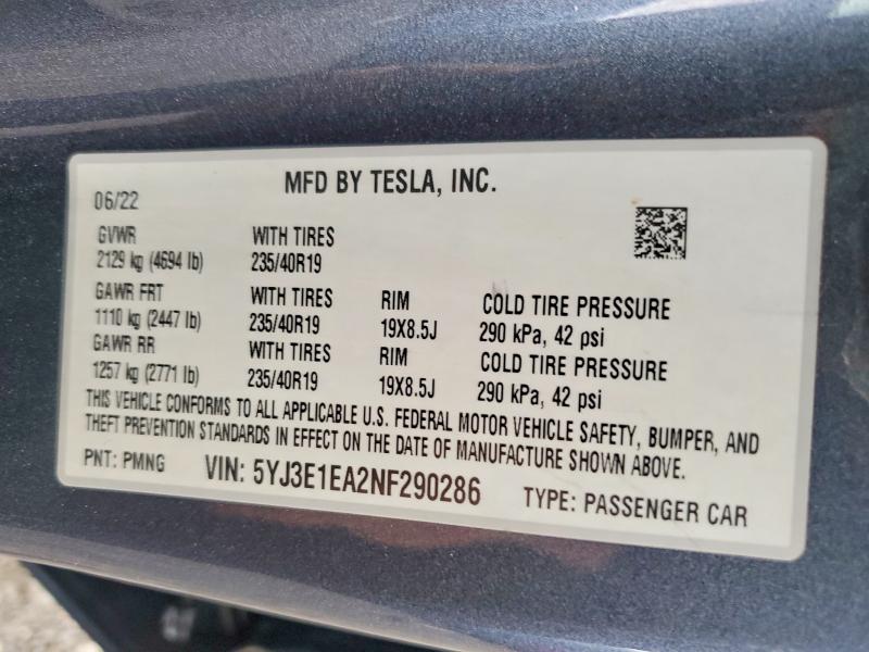 Продаж на аукціоні авто 2022 Tesla Model 3, vin: 5YJ3E1EA2NF290286, номер лоту: 50857786