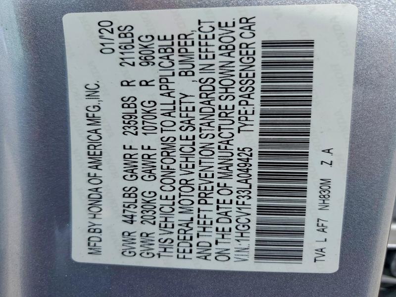 Продаж на аукціоні авто 2020 Honda Accord, vin: 1HGCV1F33LA049425, номер лоту: 48856876
