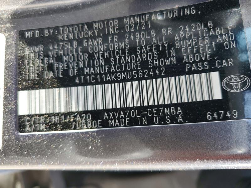 50612646 :رقم المزاد ، 4T1C11AK9MU562442 vin ، 2021 Toyota Camry مزاد بيع