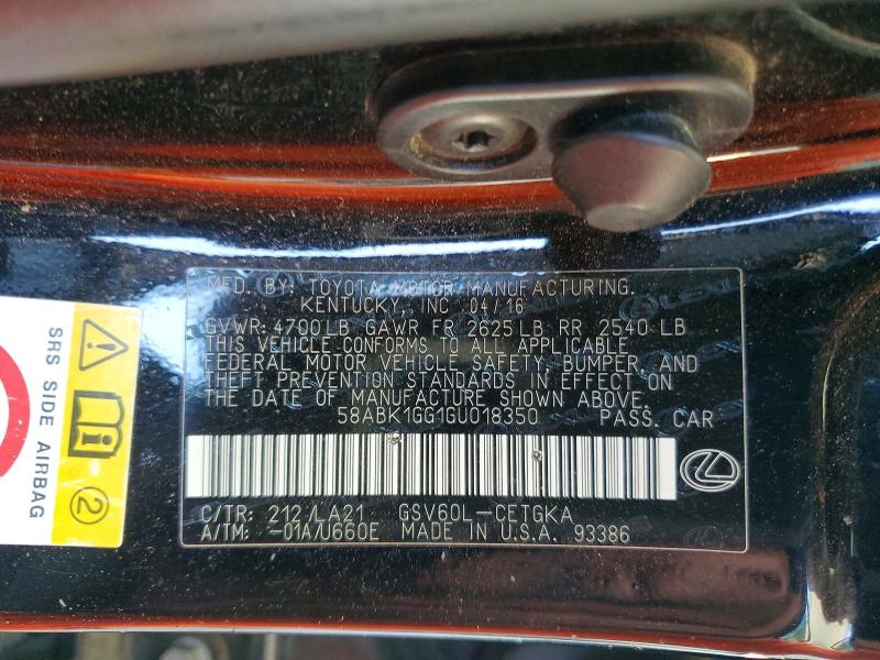 2016 Lexus Es მანქანა იყიდება აუქციონზე, vin: 58ABK1GG1GU018350, აუქციონის ნომერი: 50122516
