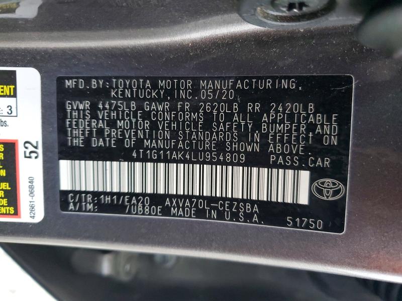 Продажа на аукционе авто 2020 Toyota Camry, vin: 4T1G11AK4LU954809, номер лота: 49508306