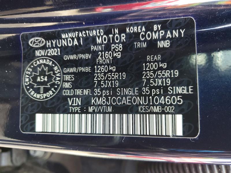 47511736 :رقم المزاد ، KM8JCCAE0NU104605 vin ، 2022 Hyundai Tucson مزاد بيع