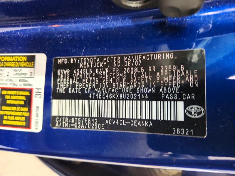 2008 Toyota Camry მანქანა იყიდება აუქციონზე, vin: 4T1BE46KX8U202144, აუქციონის ნომერი: 47742866
