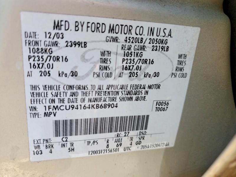 50484106 :رقم المزاد ، 1FMCU94164KB68904 vin ، 2004 Ford Escape مزاد بيع