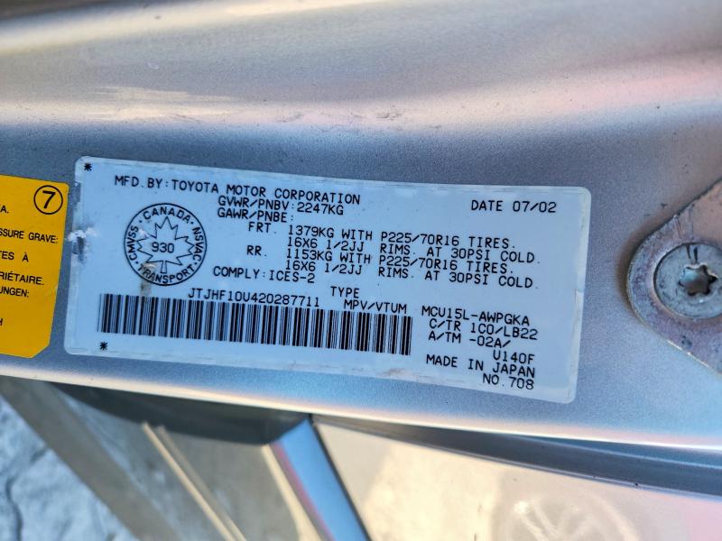 50948276 :رقم المزاد ، JTJHF10U420287711 vin ، 2002 Lexus Rx مزاد بيع