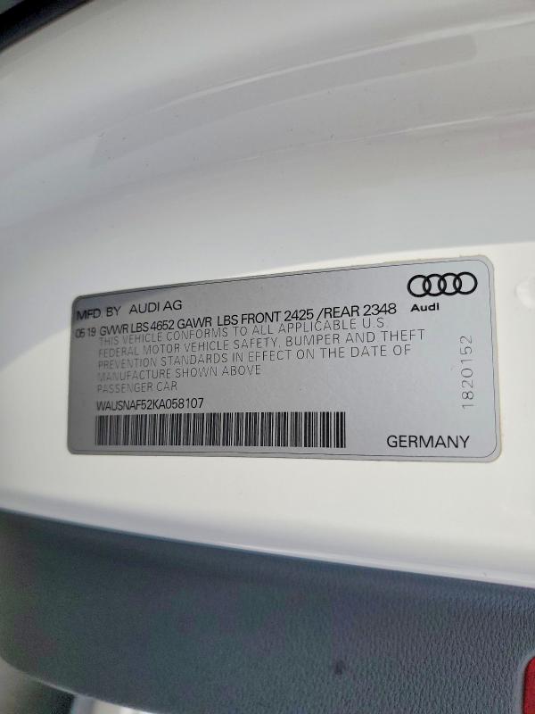48631626 :رقم المزاد ، WAUSNAF52KA058107 vin ، 2019 Audi A5 مزاد بيع