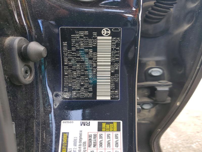Продаж на аукціоні авто 2021 Toyota Corolla, vin: 5YFEPMAE1MP210699, номер лоту: 49642826