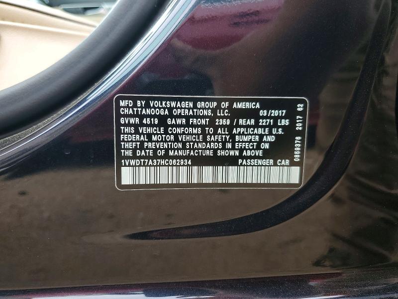 Aukcja sprzedaży 2017 Volkswagen Passat, vin: 1VWDT7A37HC062934, numer aukcji: 51704406