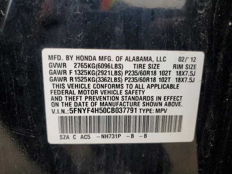 Продаж на аукціоні авто 2012 Honda Pilot, vin: 5FNYF4H50CB037791, номер лоту: 49713006