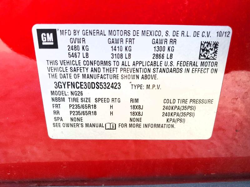 51028406 :رقم المزاد ، 3GYFNCE30DS532423 vin ، 2013 Cadillac Srx مزاد بيع