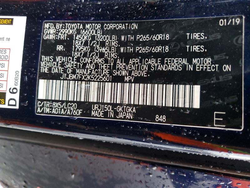 Aukcja sprzedaży 2019 Lexus Gx, vin: JTJBM7FX2K5225601, numer aukcji: 50778816