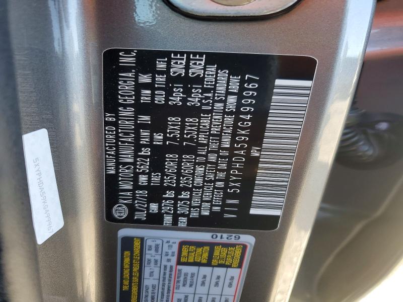2019 Kia Sorento მანქანა იყიდება აუქციონზე, vin: 5XYPHDA59KG499967, აუქციონის ნომერი: 51364156