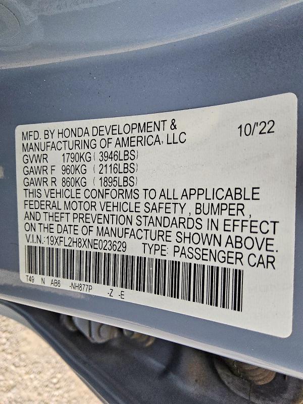 2022 Honda Civic მანქანა იყიდება აუქციონზე, vin: 19XFL2H8XNE023629, აუქციონის ნომერი: 49107306
