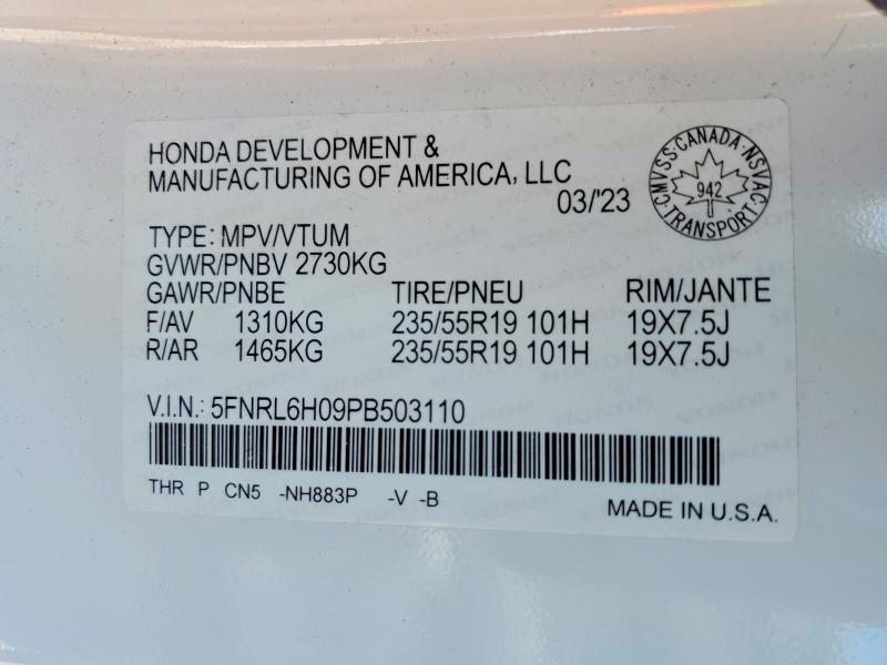 Auction sale of the 2023 Honda Odyssey, vin: 5FNRL6H09PB503110, lot number: 47601396