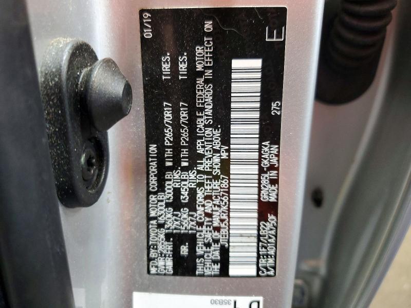 2019 Toyota 4runner მანქანა იყიდება აუქციონზე, vin: JTEBU5JR7K5671867, აუქციონის ნომერი: 49752716