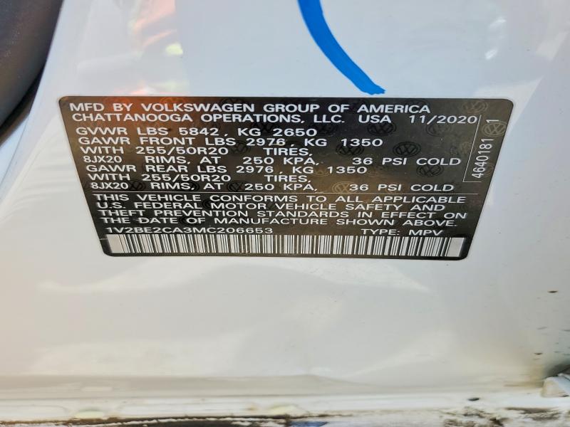 49365846 :رقم المزاد ، 1V2BE2CA3MC206653 vin ، 2021 Volkswagen Atlas Cross Sport مزاد بيع