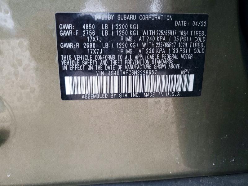 49618406 :رقم المزاد ، 4S4BTAFC6N3228657 vin ، 2022 Subaru Outback مزاد بيع
