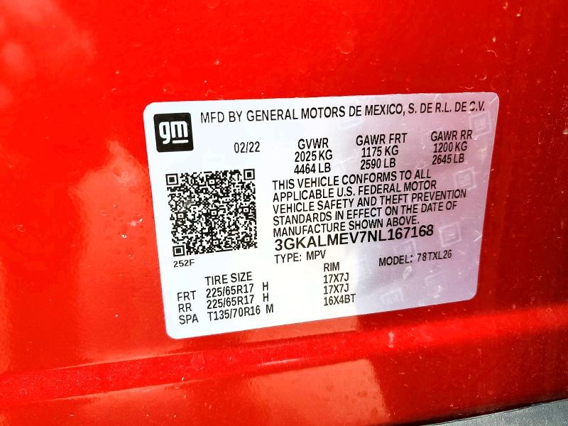 49276786 :رقم المزاد ، 3GKALMEV7NL167168 vin ، 2022 Gmc Terrain مزاد بيع