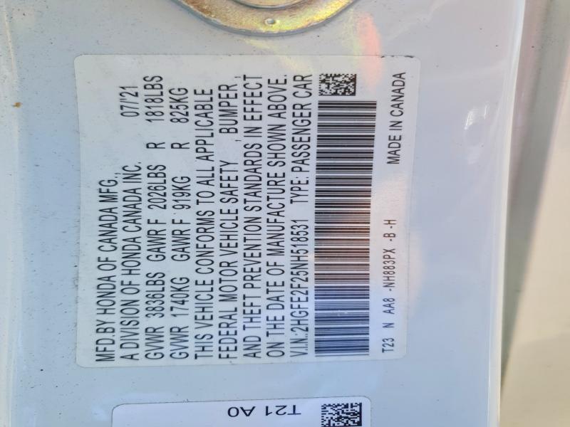 Продаж на аукціоні авто 2022 Honda Civic, vin: 2HGFE2F25NH518531, номер лоту: 50998326