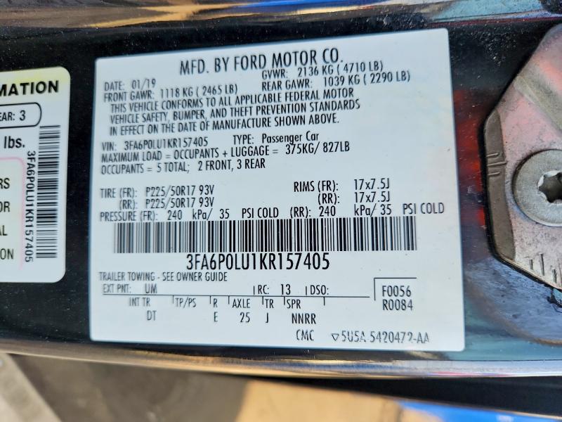 2019 Ford Fusion მანქანა იყიდება აუქციონზე, vin: 3FA6P0LU1KR157405, აუქციონის ნომერი: 50083656
